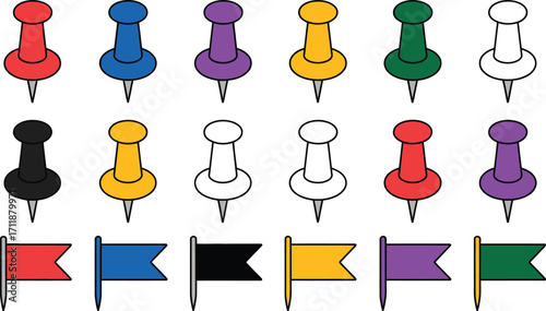 Collection of colorful thumbtacks and flag pins on a white background