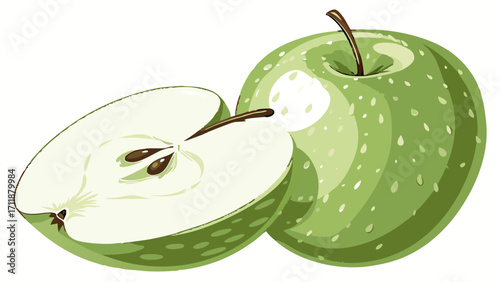 Green Apple Illustration Whole and Half Slices Fresh Fruit Design for Food Health and Diet Concepts.