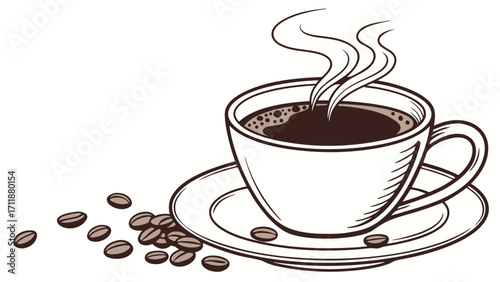 Hot Coffee Cup with Beans Steam and Saucer - Cafe Menu Illustration Clipart.