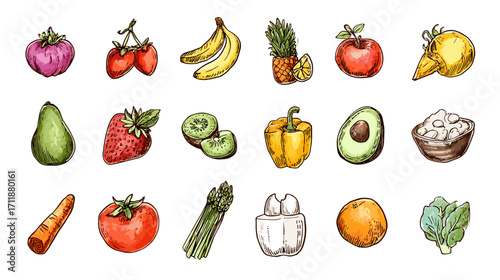 Colorful hand-drawn fruits and vegetables collection