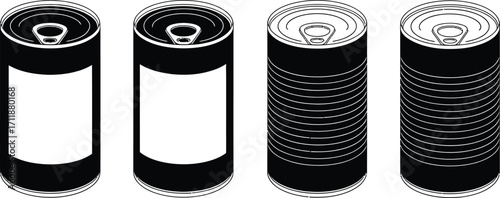 Four different metal cans with pull tabs, two with blank labels and two with ribbed sides.