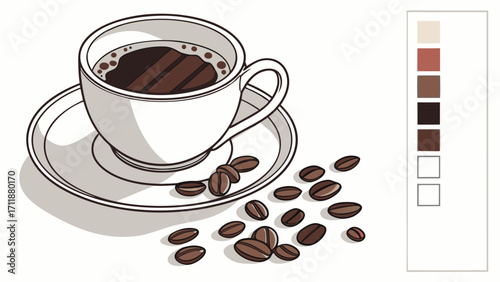 Hot Coffee in a Mug with Coffee Beans Beverage Illustration Menu Design Cafe Artwork.