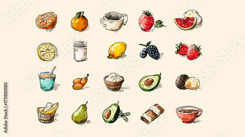 Hand-drawn fruits and desserts collection