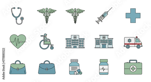 Medical icons showcasing healthcare, emergency services, and hospital symbols for various applications