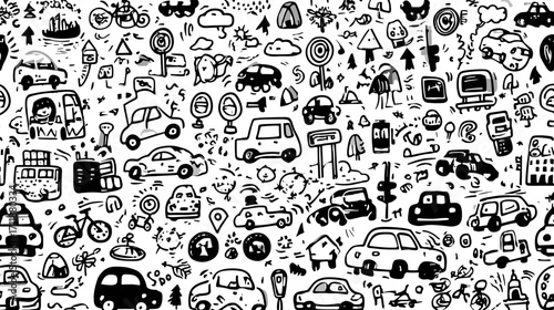 Black and white vehicle doodle illustration