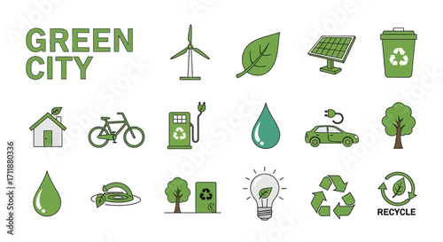 Eco-friendly green city symbols for sustainable urban living and environmental awareness