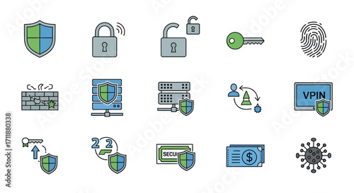 Digital security icons offer protection, access, and data safety for modern businesses.