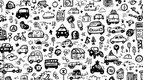Hand-drawn vehicle and traffic sign doodles