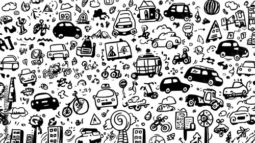 Whimsical doodle collage of vehicles and buildings