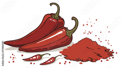 Illustration of red chili peppers and chili powder.