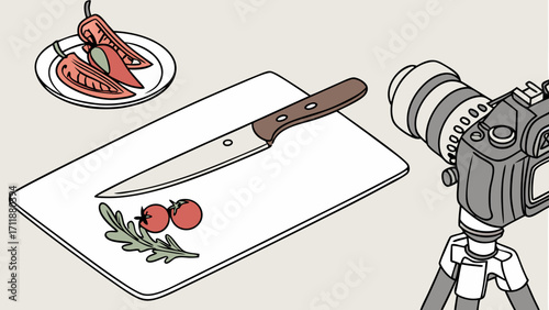 Isometric Illustration of Food Photography Setup with Knife Tomatoes and Peppers on Cutting Board Being Filmed by Camera on Tripod.