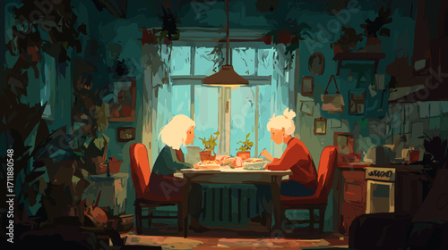 Cozy indoor dining scene with women and plants