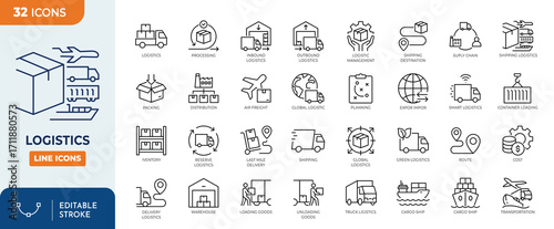 Logistics line editable icon set. Contain icons related to Shipping, delivery, distribution, cargo, supply chain, freight,  export, import, and more. Editable stroke. Vector illustration