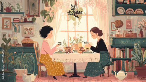 Cozy tea time with friends in a sunlit room