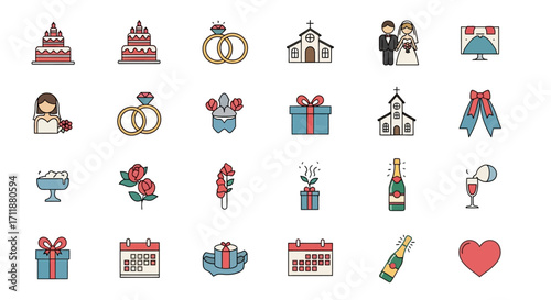 Celebrate love with charming wedding icons including cakes rings bride groom church gifts champagne
