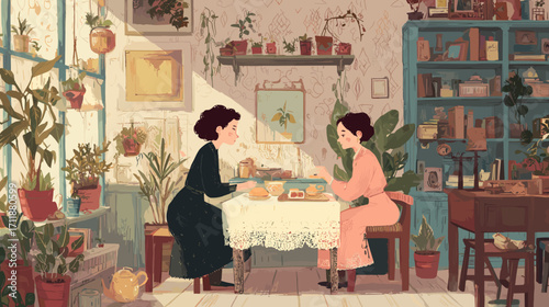 Cozy tea time between friends in a plant-filled room
