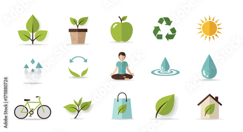 Eco-friendly lifestyle icons promoting sustainability, health, and nature