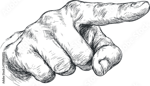 A detailed illustration of a hand pointing with the index finger in a sketch style.