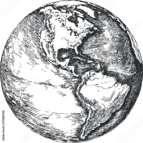 Illustration of the Earth showcasing continents and oceans in a detailed black and white design.
