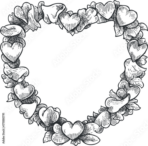 A beautifully hand-drawn floral heart wreath design perfect for romantic occasions and decor.