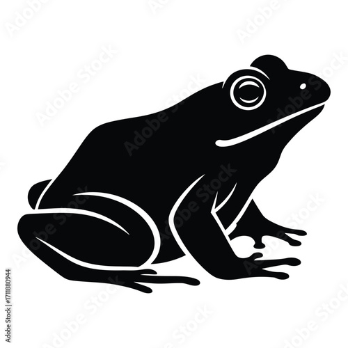 Silhouetted frog sitting looking left side view simple black outline art silhouette
