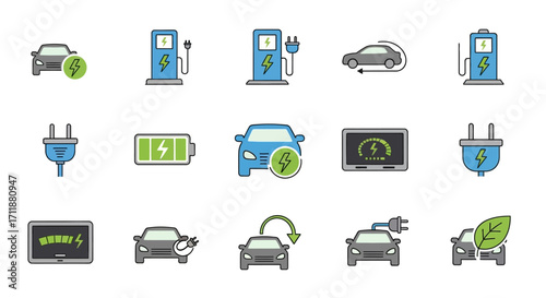 Electric vehicle charging icons showcase sustainable transport technology and green energy solutions for modern mobility