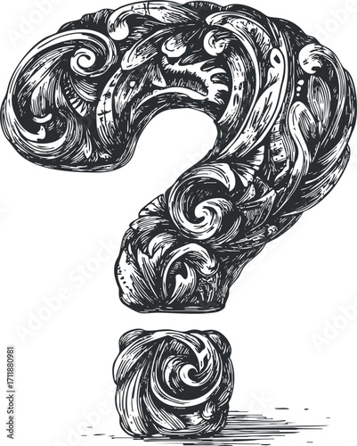 Ornate question mark illustration with intricate swirls and decorative details in a vintage style.