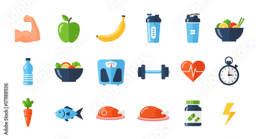 Achieve peak fitness goals with these vibrant icons for health, nutrition, and exercise.
