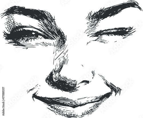 A sketched illustration of a smiling and winking face capturing playful emotions and expressions.