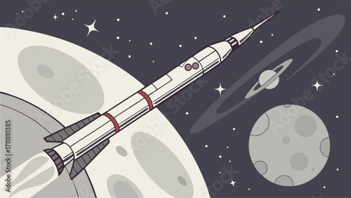 Retro Rocket Launching Past Planet and Moon in Space Space Exploration Science Fiction Illustration.