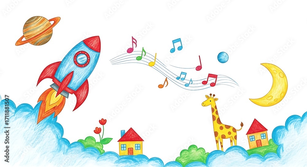 Fototapeta premium Whimsical Watercolor Illustration of a Rocket Ship in a Fantasy World.