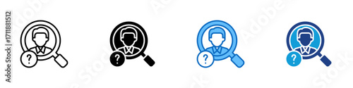 Unknown User Multiple Style Icon Design Vector - Magnifying glass with a user profile and question mark, symbolizing unidentified person, account search, or unknown identity