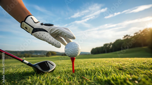 Capturing a golfer's hand placing a white golf ball on a red tee