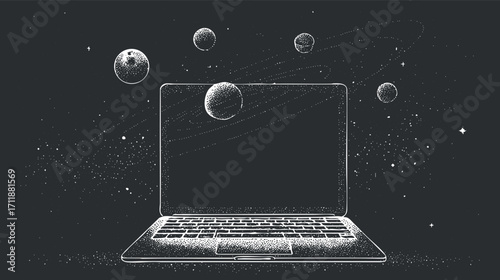 A creative illustration of a laptop in space surrounded by planets and stars.