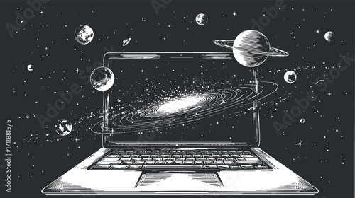 A creative illustration of a laptop revealing a galaxy and planets in outer space.