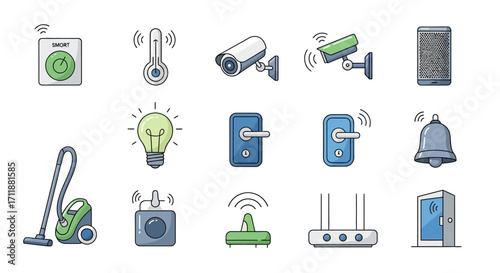 Modern smart home technology icons for connected living, security, and convenience