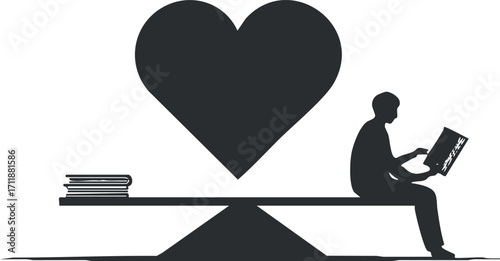 A silhouette of a person reading a book on a seesaw with a heart symbol.