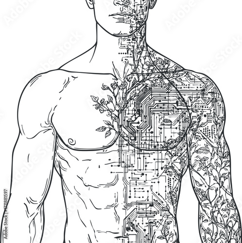 An artistic illustration blending human anatomy with circuit patterns and organic elements to symbolize technology and nature.