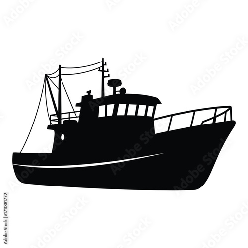 Silhouette of a fishing trawler boat at sea for nautical and maritime designs silhouette