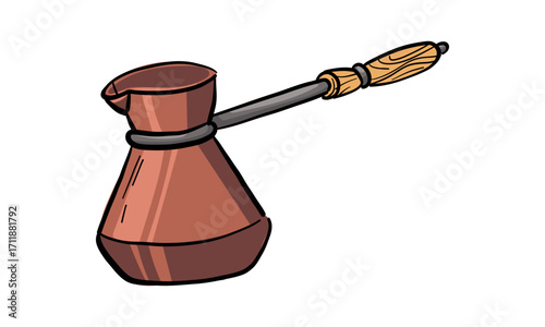 Retro-style coffee pot. Colorful illustration on white . Cooking pot with handle. Item for making coffee at home, in cafes, cafeterias, or bakeries. Morning energy hot drinks for boost. Coffee drink