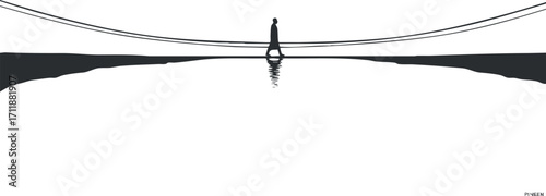 A minimalist silhouette of a person standing on a bridge over calm water reflecting the scene.