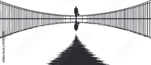 A silhouette of a man walking on a bridge, reflecting in calm water, creating a serene scene.