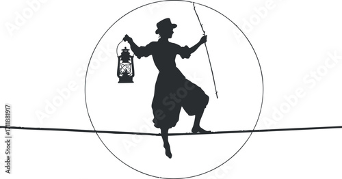 A silhouette of a tightrope walker holding a lantern, showcasing balance and daring performance.