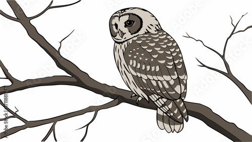 Striped Owl Perched on a Bare Branch Wildlife Illustration Bird Art Nature Drawing.