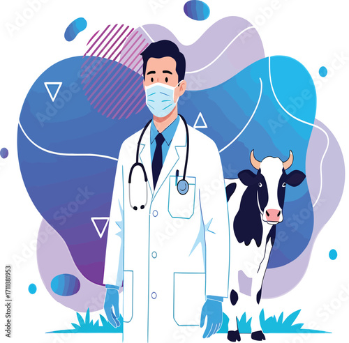 Vector, illustration, veterinarian with cow, abstract background