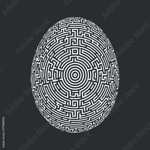 A stylized black and white egg design featuring an intricate maze pattern.