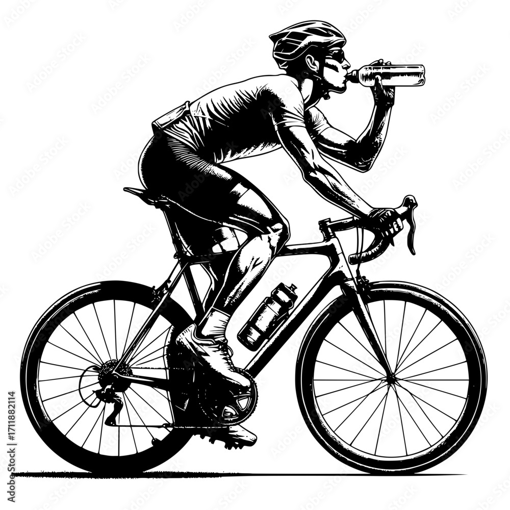Naklejka premium Cyclist drinking water while cycling race