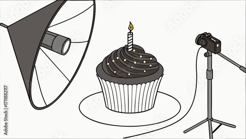 Studio Photography Setup with Chocolate Cupcake and Birthday Candle.
