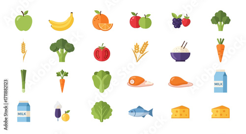 Vibrant collection of fresh fruits vegetables grains protein and dairy icons for healthy eating