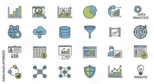 Data analytics icons illustrating business growth, strategy, and insights for presentations